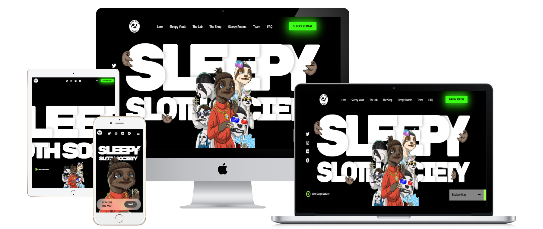 SLEEPY SLOTH SOCIETY responsive website mockups