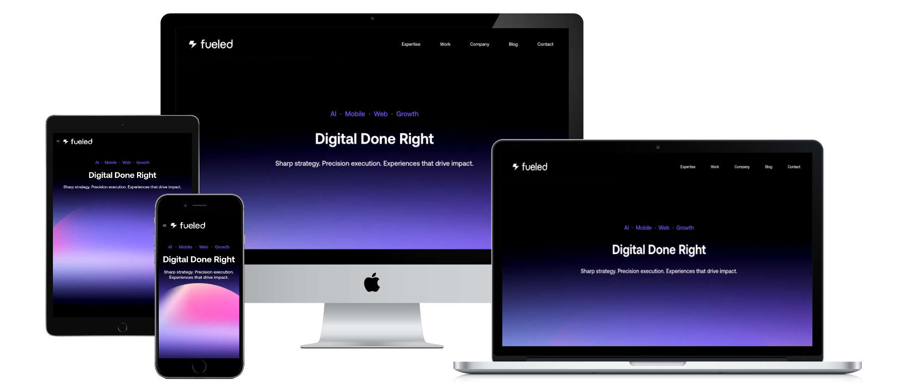 Fueled responsive website mockup on dark background